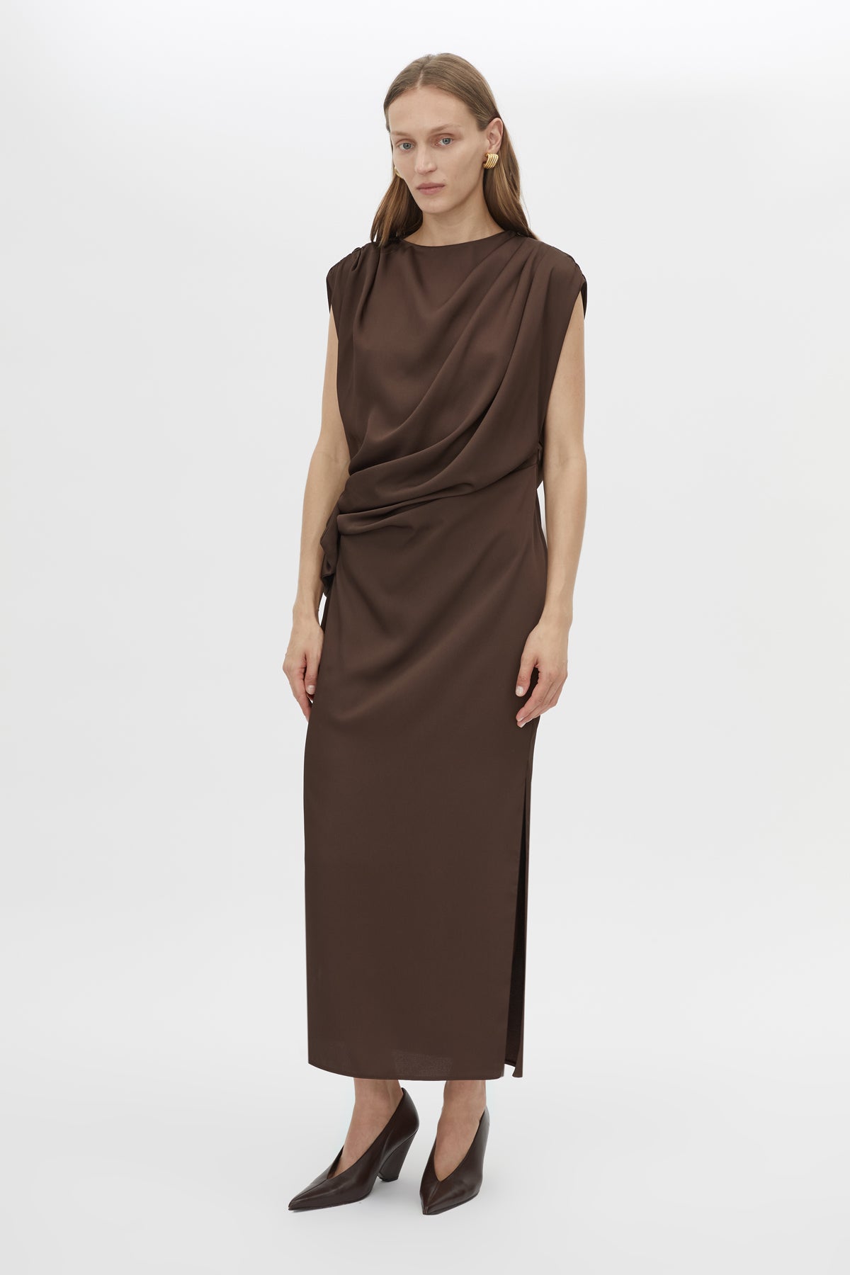 Elowyn Drape Detail Midi Dress Espresso Brown