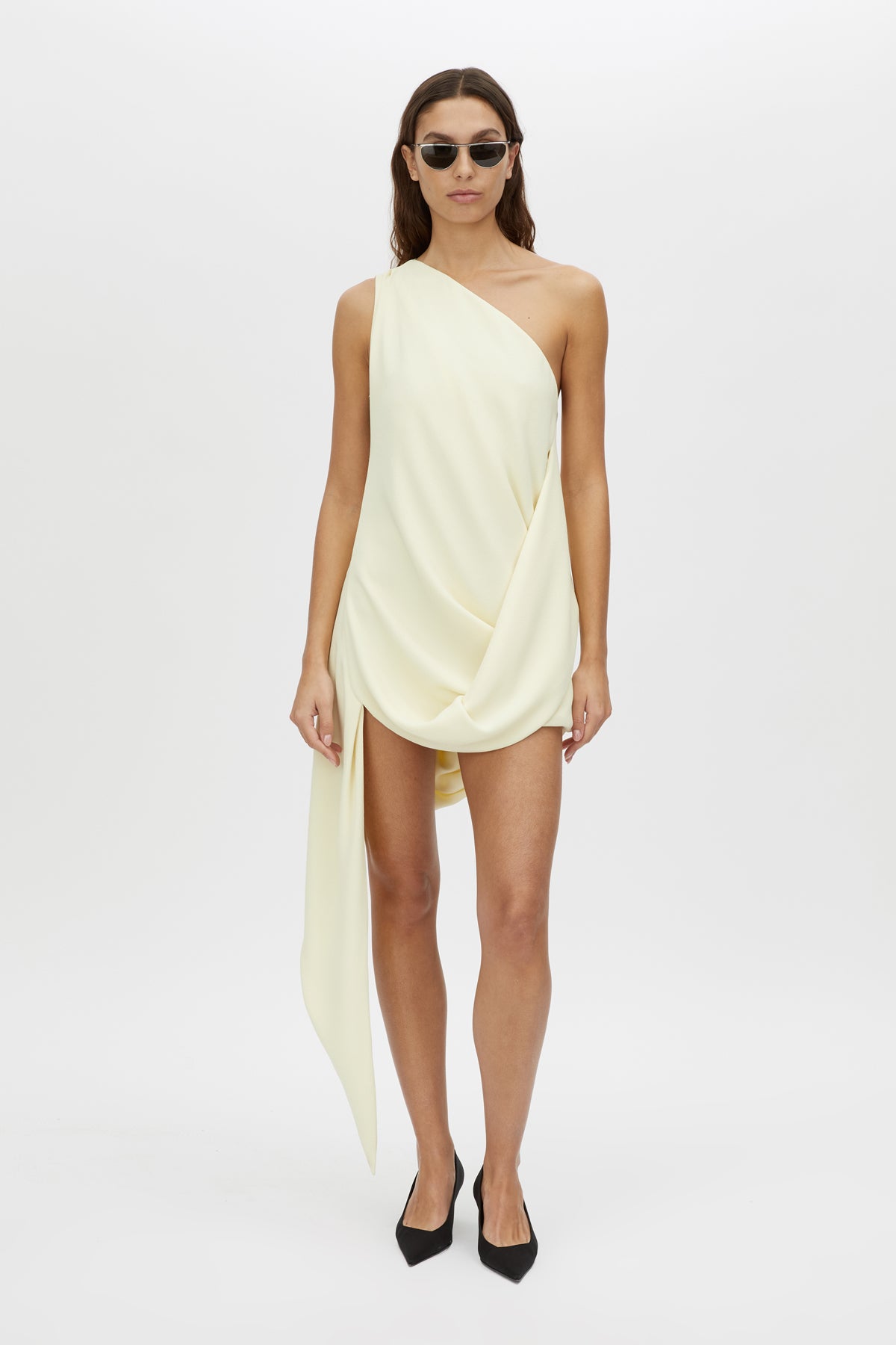 asymmetric draped mini dress in yellow Alyn Off Shoulder Draped Mini Dress - Lemon