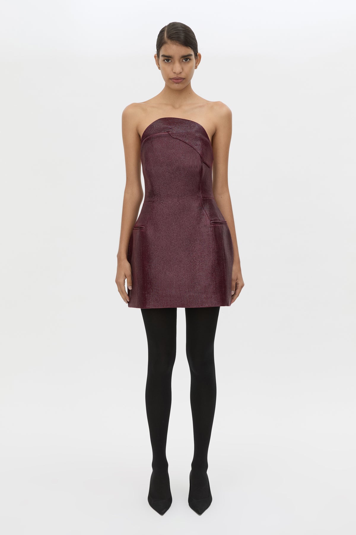 ramie strapless mini dress burgundy Hailey Strapless Faux Leather Minidress in Burgundy