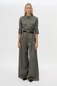 Front view CAMILLA AND MARC Mina wide-leg, high-waisted stripe pant with corseted waist.