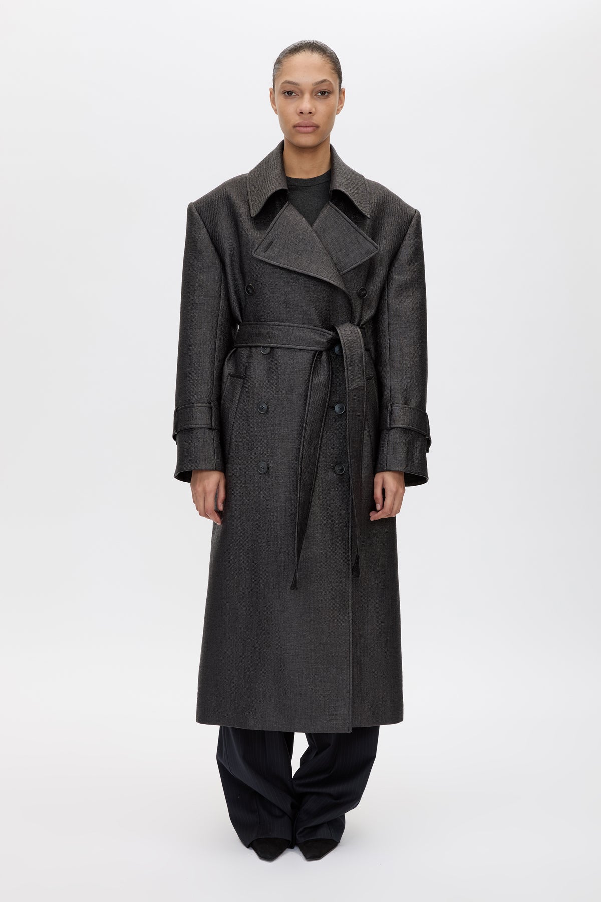 Front styled view CAMILLA AND MARC Alpine Textured Coat in Black with double breasted front and Italian twill.