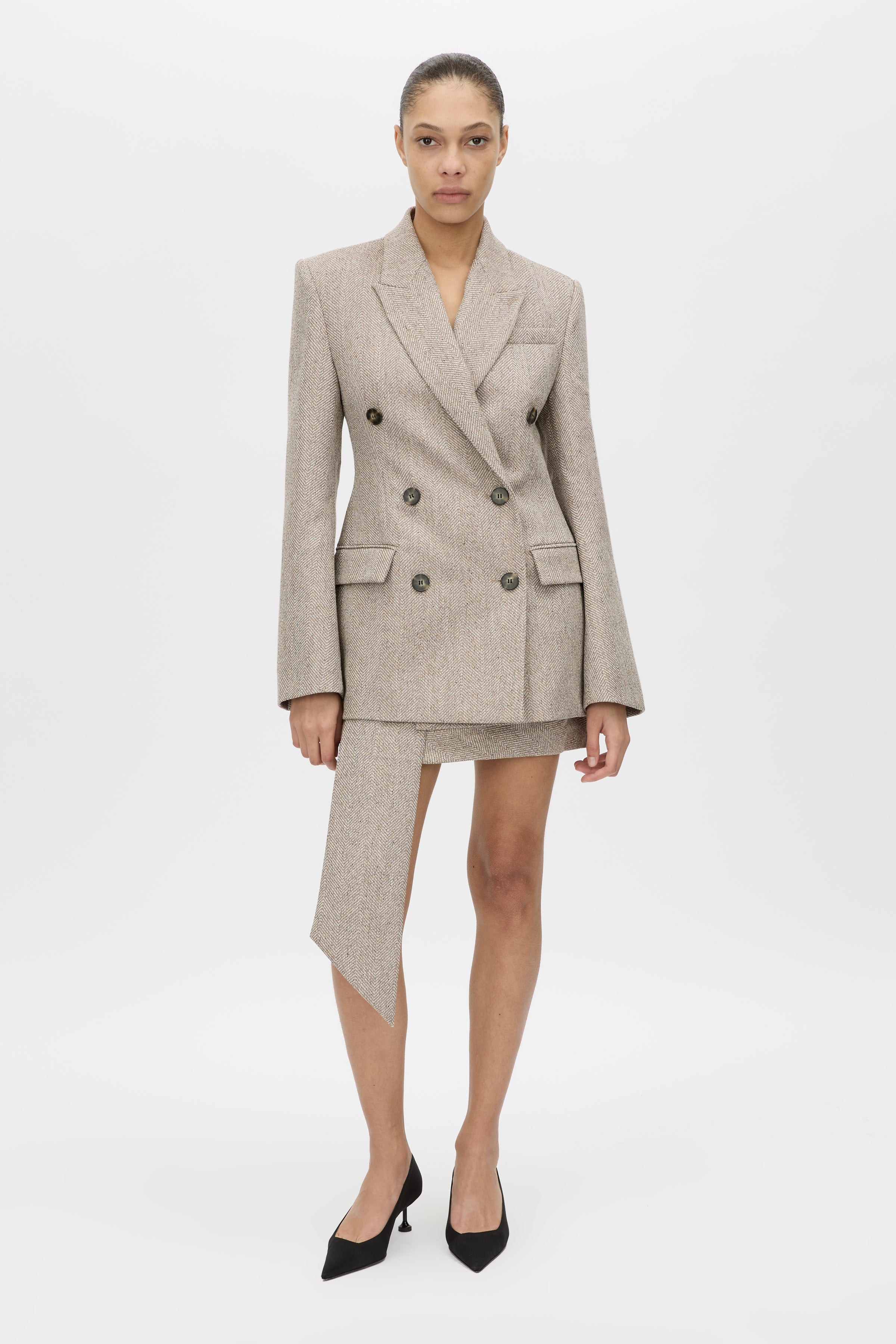 Front View CAMILLA AND MARC Malik Blazer in tan herringbone, double breasted fitted blazer.