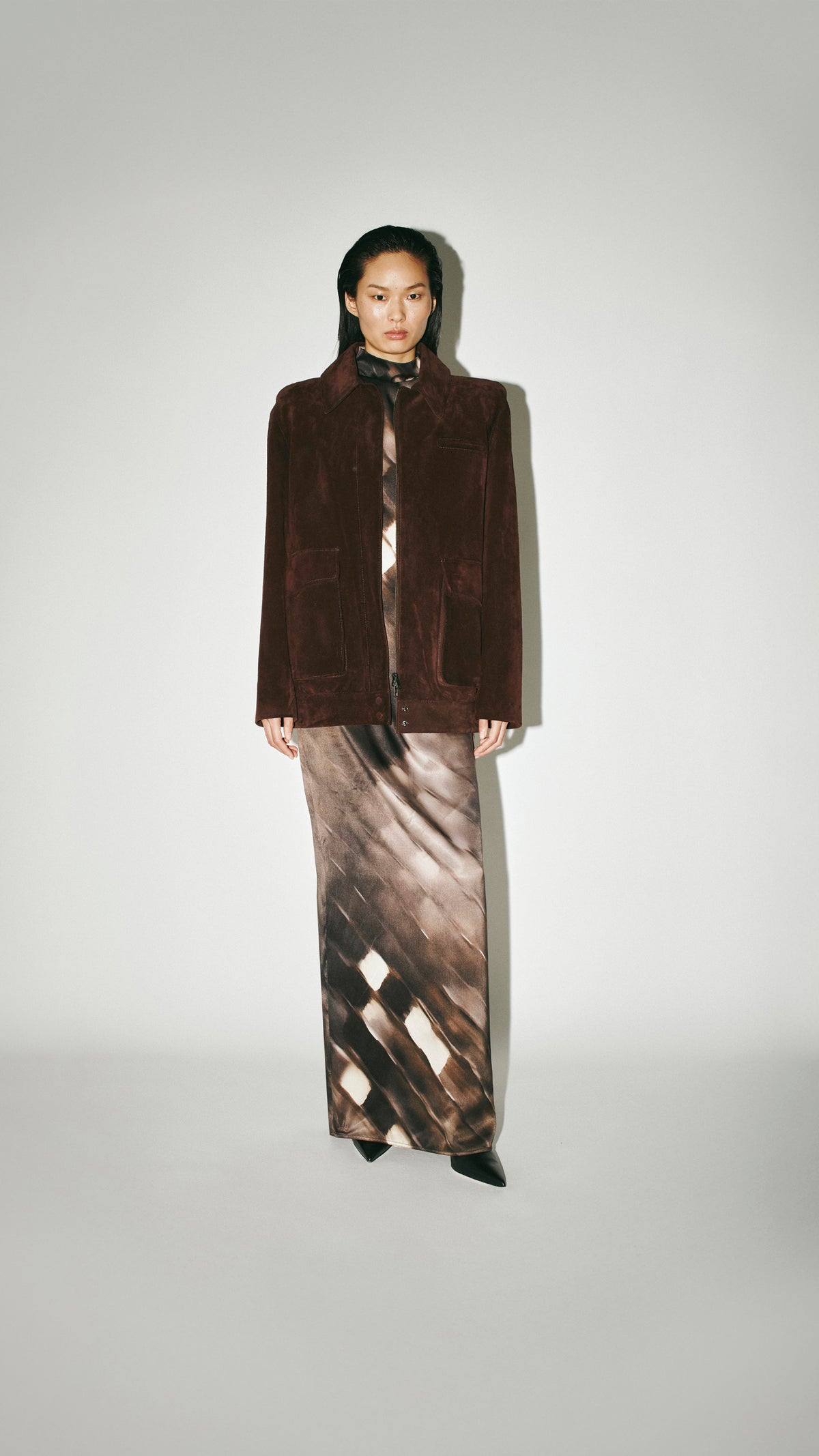Styled view CAMILLA AND MARC Asper Maxi Dress in Chocolate Print with the Zaha Leather Bomber.