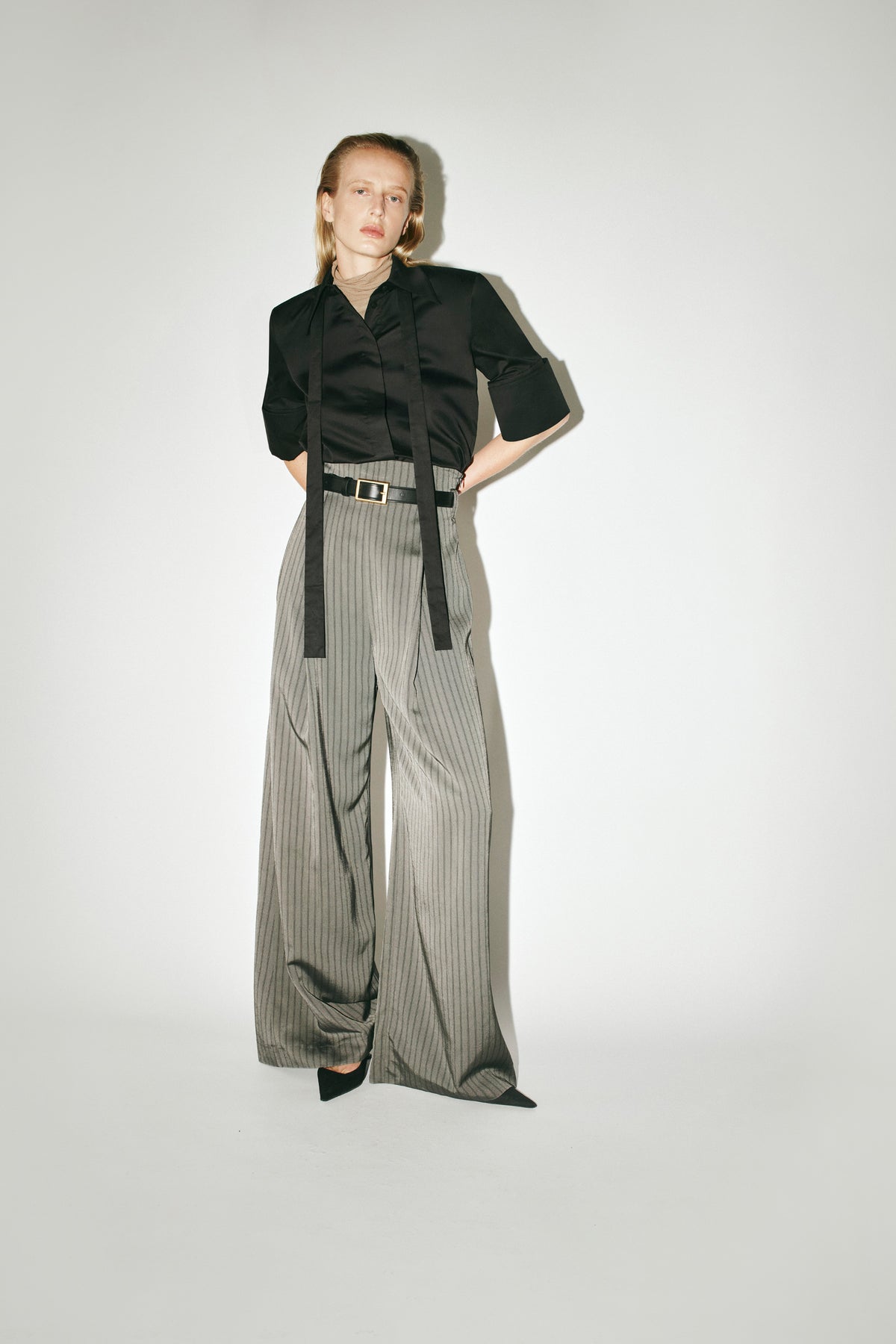 Styled view CAMILLA AND MARC Mina Pant in Steel Grey Stripe with the Pique Short Sleeve Shirt.