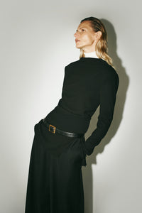 Styled view CAMILLA AND MARC Eon Long Sleeve Top in Black with a draped back neckline.