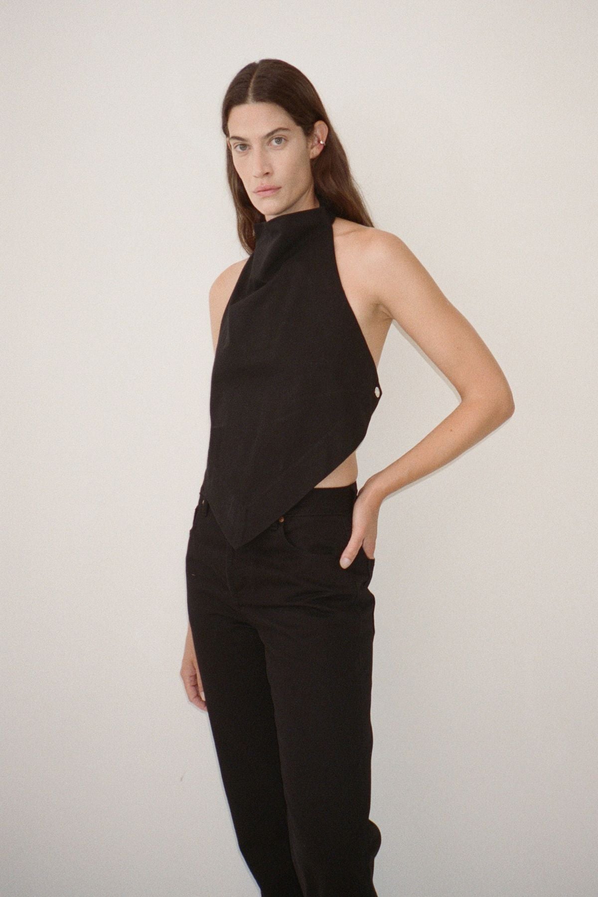Eleni Denim Top - CAMILLA AND MARC Eleni black denim halter neck top with folded cowl neckline