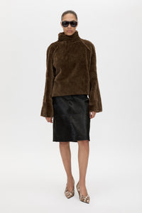 Front view CAMILLA AND MARC high-neck Nala Furry Pullover Top in truffle with double-faced faux‑fur