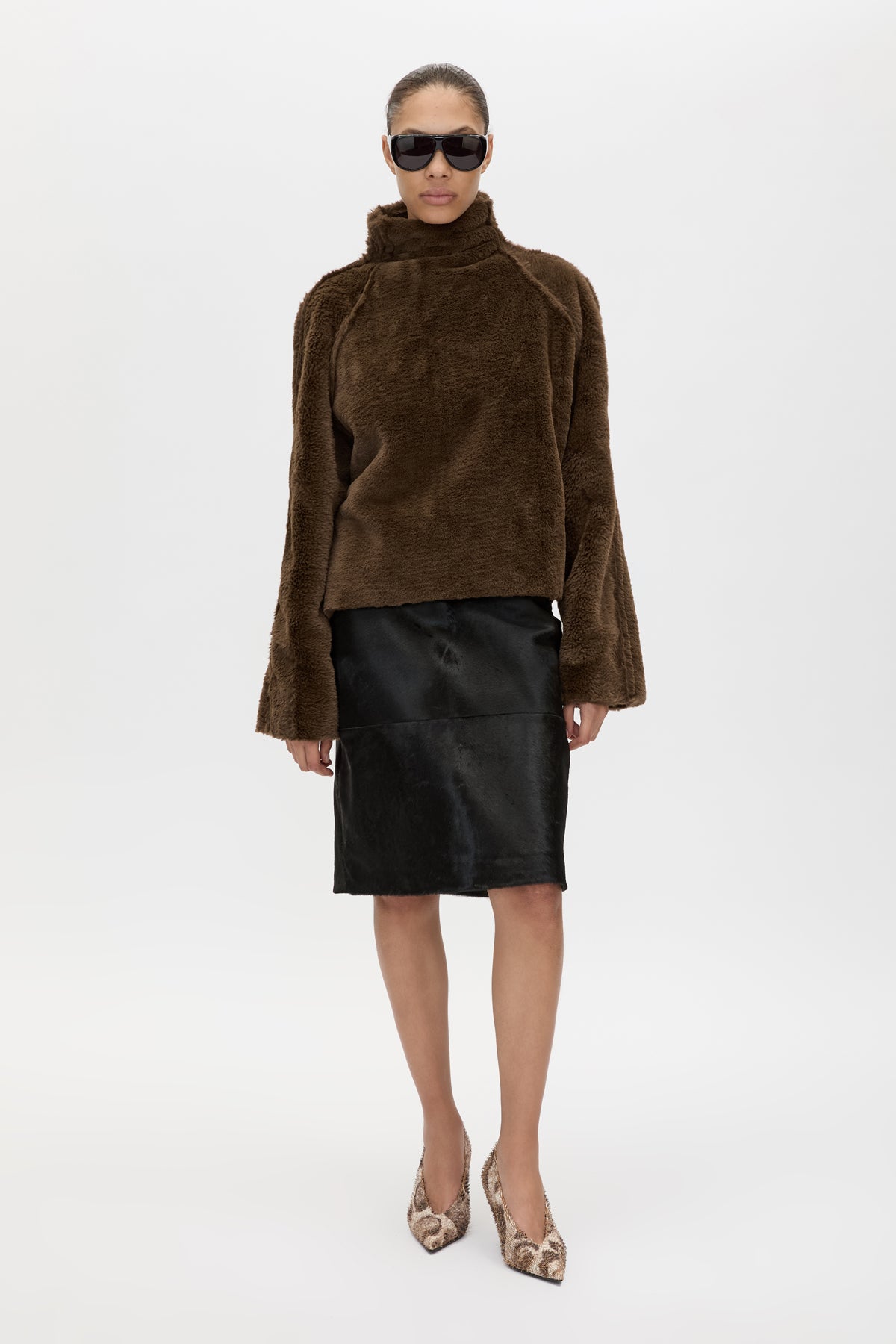 Front view CAMILLA AND MARC high-neck Nala Furry Pullover Top in truffle with double-faced faux‑fur