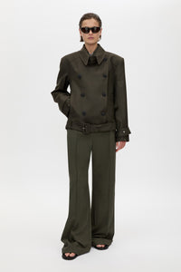 Front view CAMILLA AND MARC Tari Short Trench in Dark Khaki with contrast undercollar and shoulder pads.