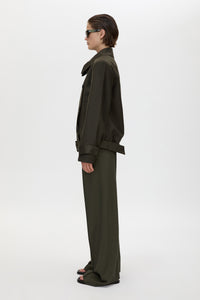 Side view CAMILLA AND MARC Tari Short Trench in Dark Khaki with contrast undercollar and shoulder pads.