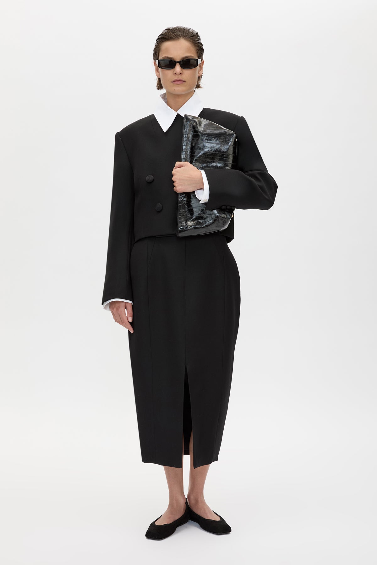 Front view CAMILLA AND MARC Caius Relaxed Cropped Blazer in Black with collarless neckline in Australian wool.