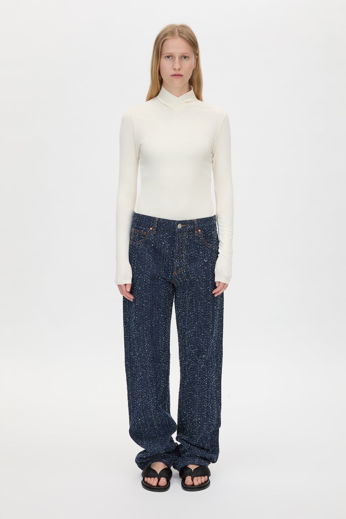 Front view CAMILLA AND MARC Axial Top in Cream styled with the Rune Neps Denim Jean.