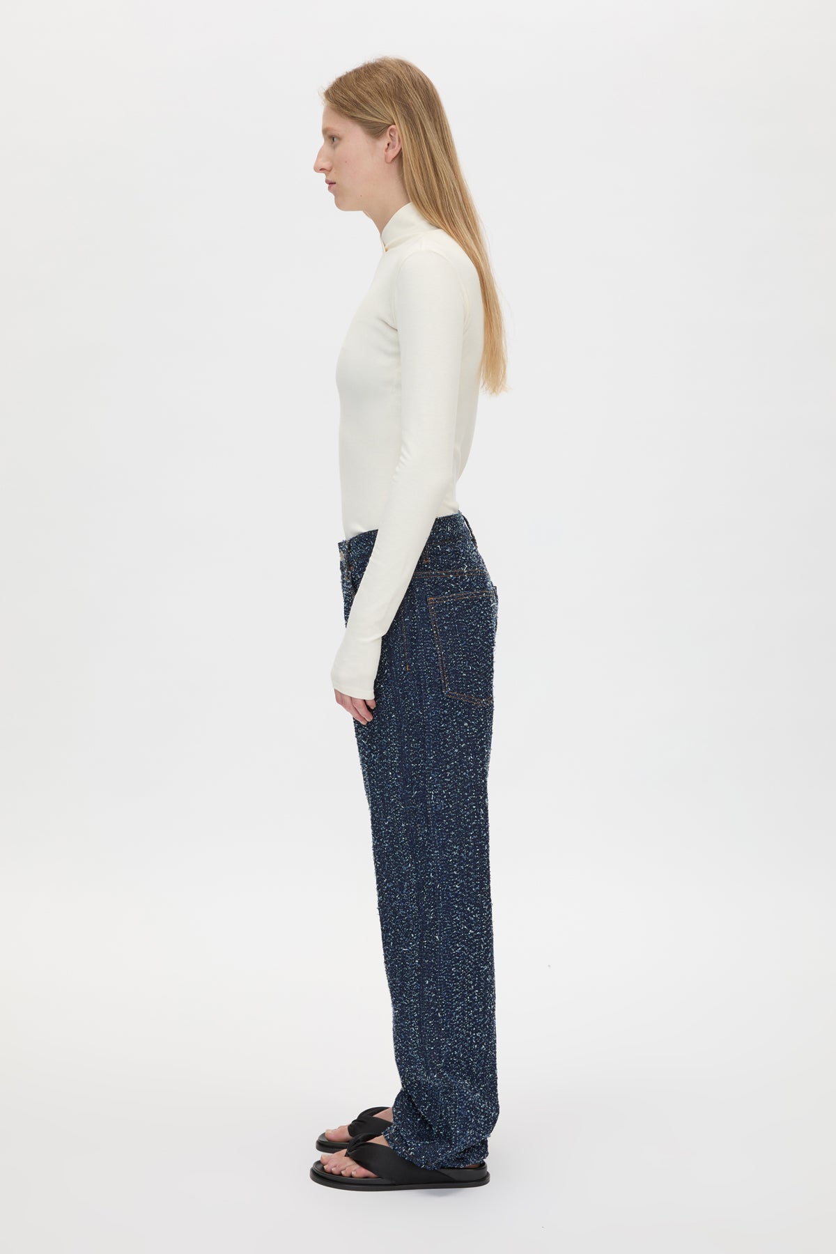 Side view CAMILLA AND MARC Axial Top in Cream with layered cross‑over high neck.