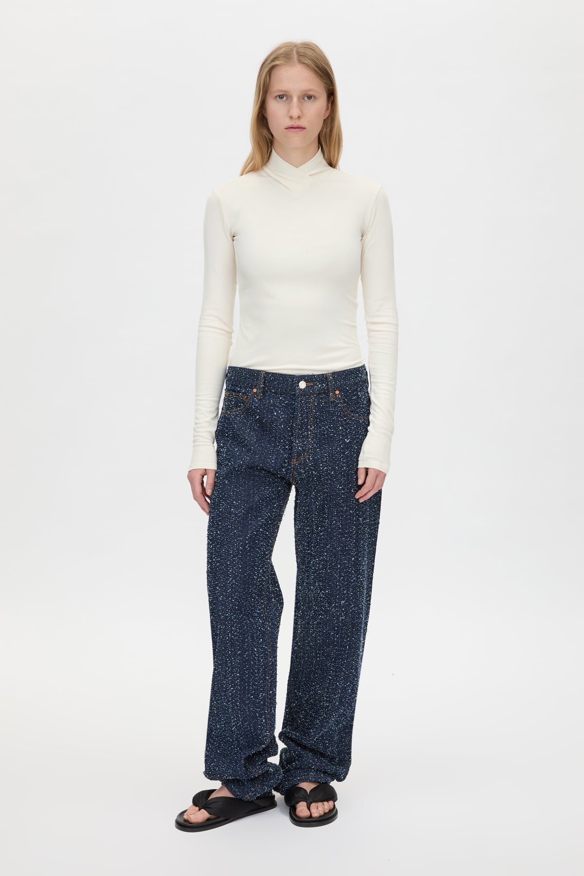 Front view CAMILLA AND MARC Axial Top in Cream with layered cross‑over high neck.