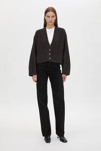 Front view CAMILLA AND MARC Atlas Knit Cardigan in Slate Grey with relaxed cropped silhouette.
