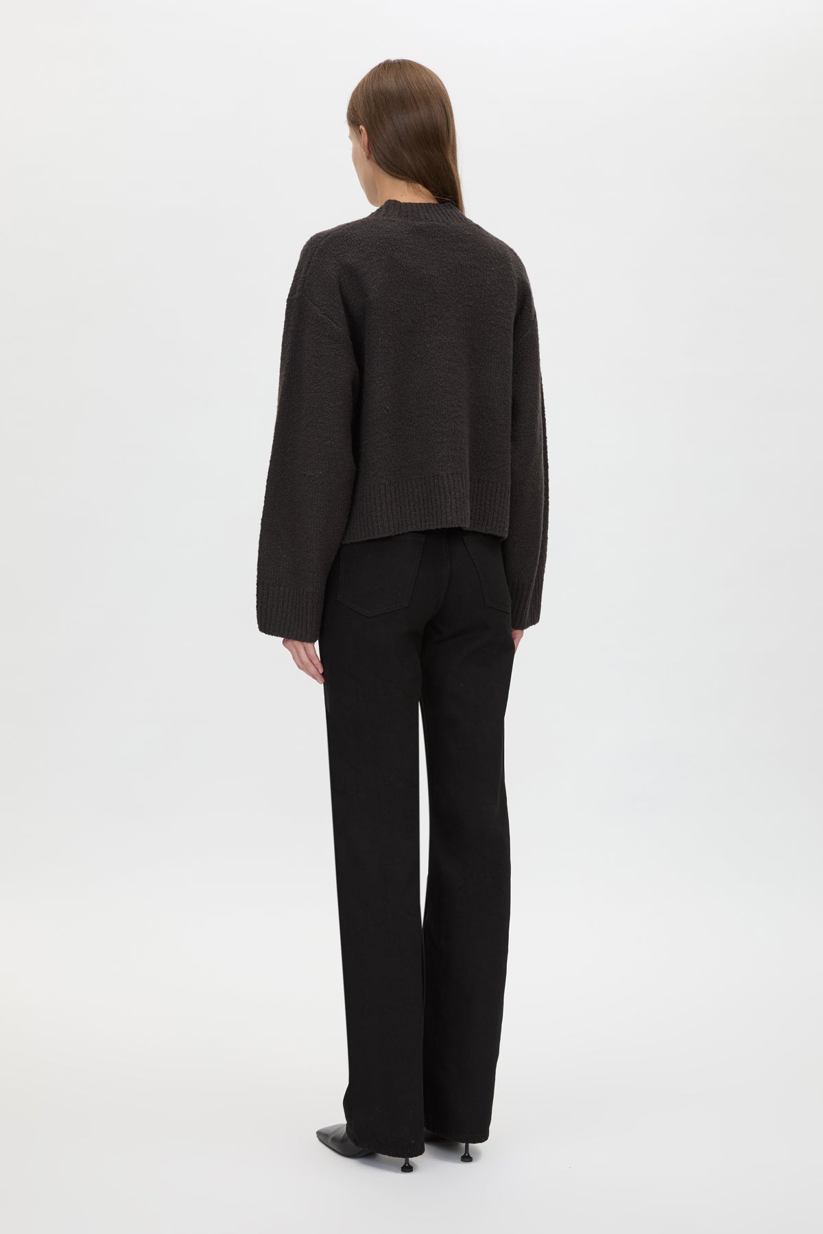 Back view CAMILLA AND MARC Atlas Knit Cardigan in Slate Grey with relaxed cropped silhouette.
