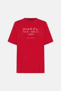 Ghost View - CAMILLA AND MARC 'Ovaries. Talk About Them.' Cotton Unisex Tee in Poppy Red.