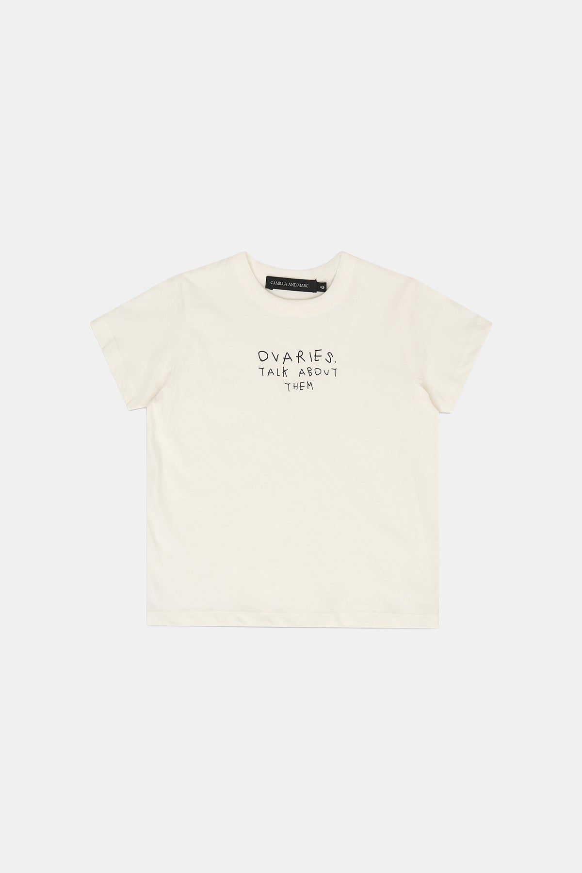 Ghost View - CAMILLA AND MARC 'Ovaries. Talk About Them.' Kids Unisex Cotton Tee in White.
