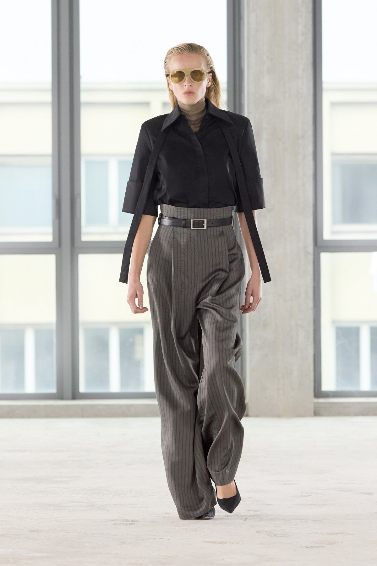 Runway view CAMILLA AND MARC Mina Pant in Steel Grey Stripe with a high‑waisted wide‑leg silhouette and corseted waist.