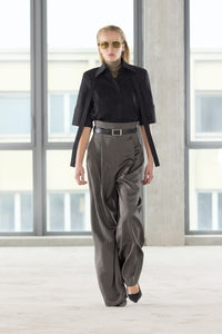 Front runway view CAMILLA AND MARC Pique Short Sleeve Shirt in Black with a boxy silhouette and French‑cuff sleeves.