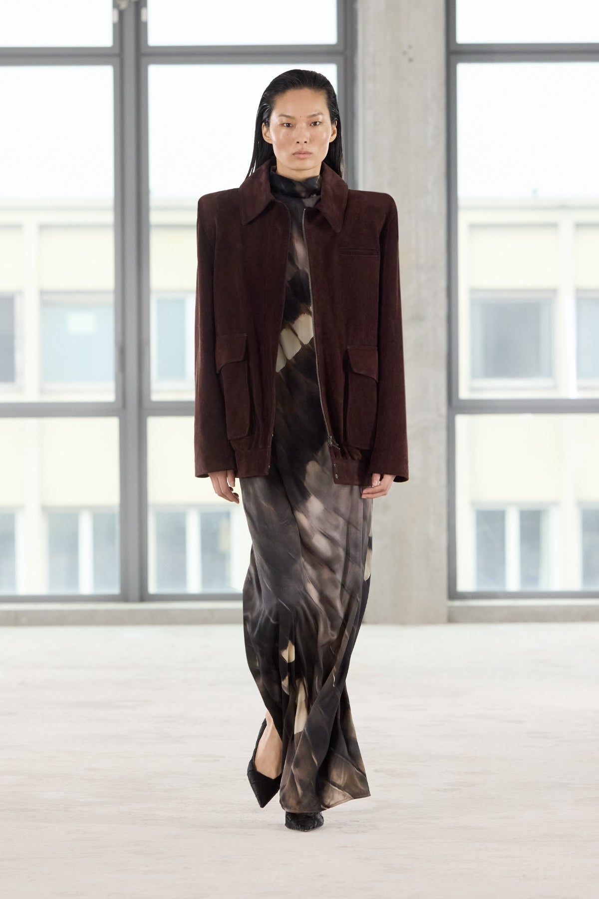 Runway view CAMILLA AND MARC Asper Maxi Dress in Chocolate Print styled with the Zaha Leather Bomber.