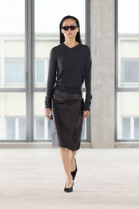 Runway view CAMILLA AND MARC Dawn Leather Skirt in Black Brown styled with the Leona V Neck Sweater.