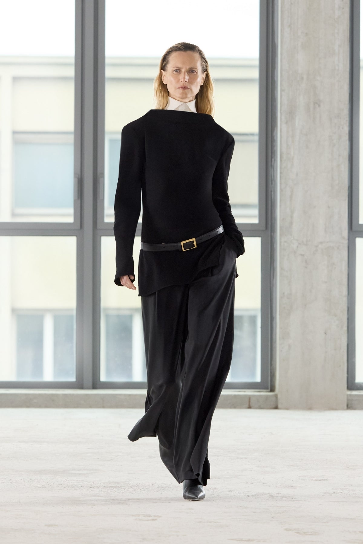 Runway view CAMILLA AND MARC Eon Long Sleeve Top in Black with a draped back neckline.