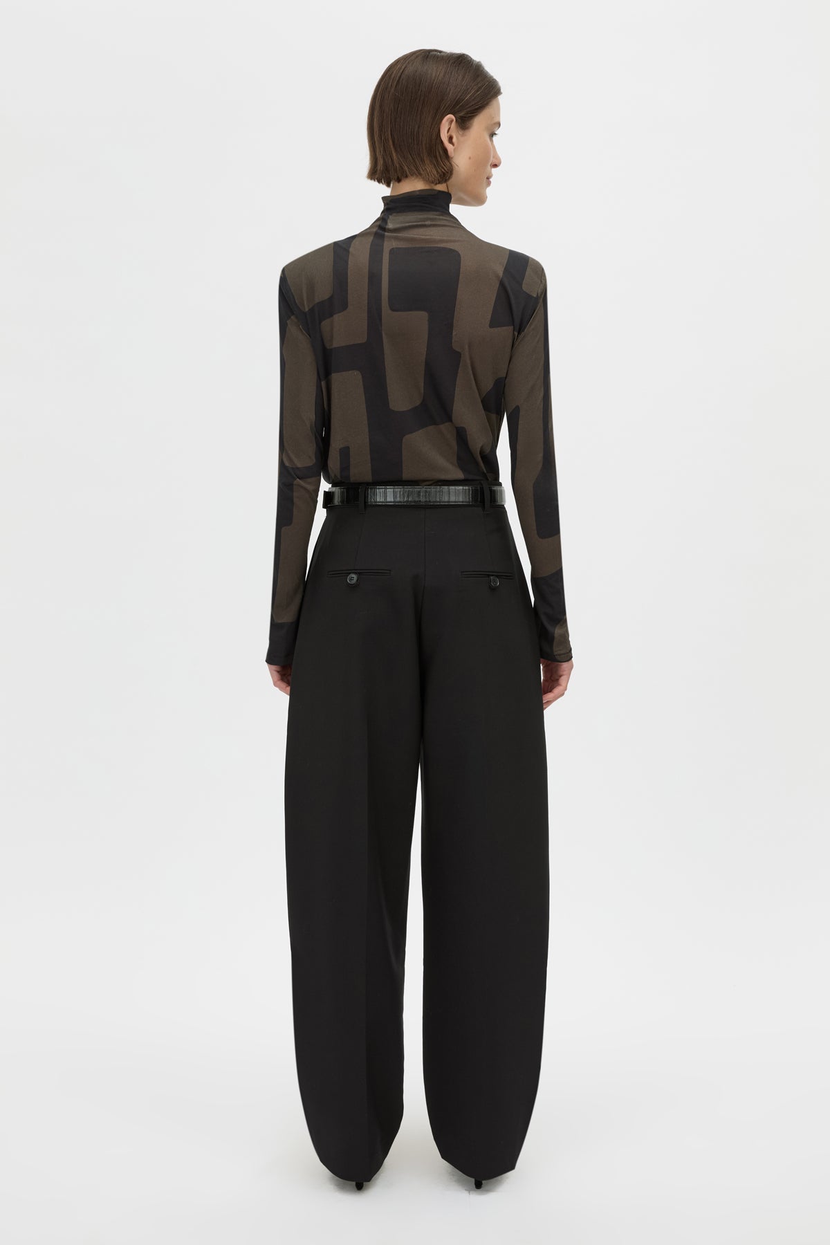 Back View - CAMILLA AND MARC Eidra Printed Long Sleeve Bodysuit in khaki green with high neckline.