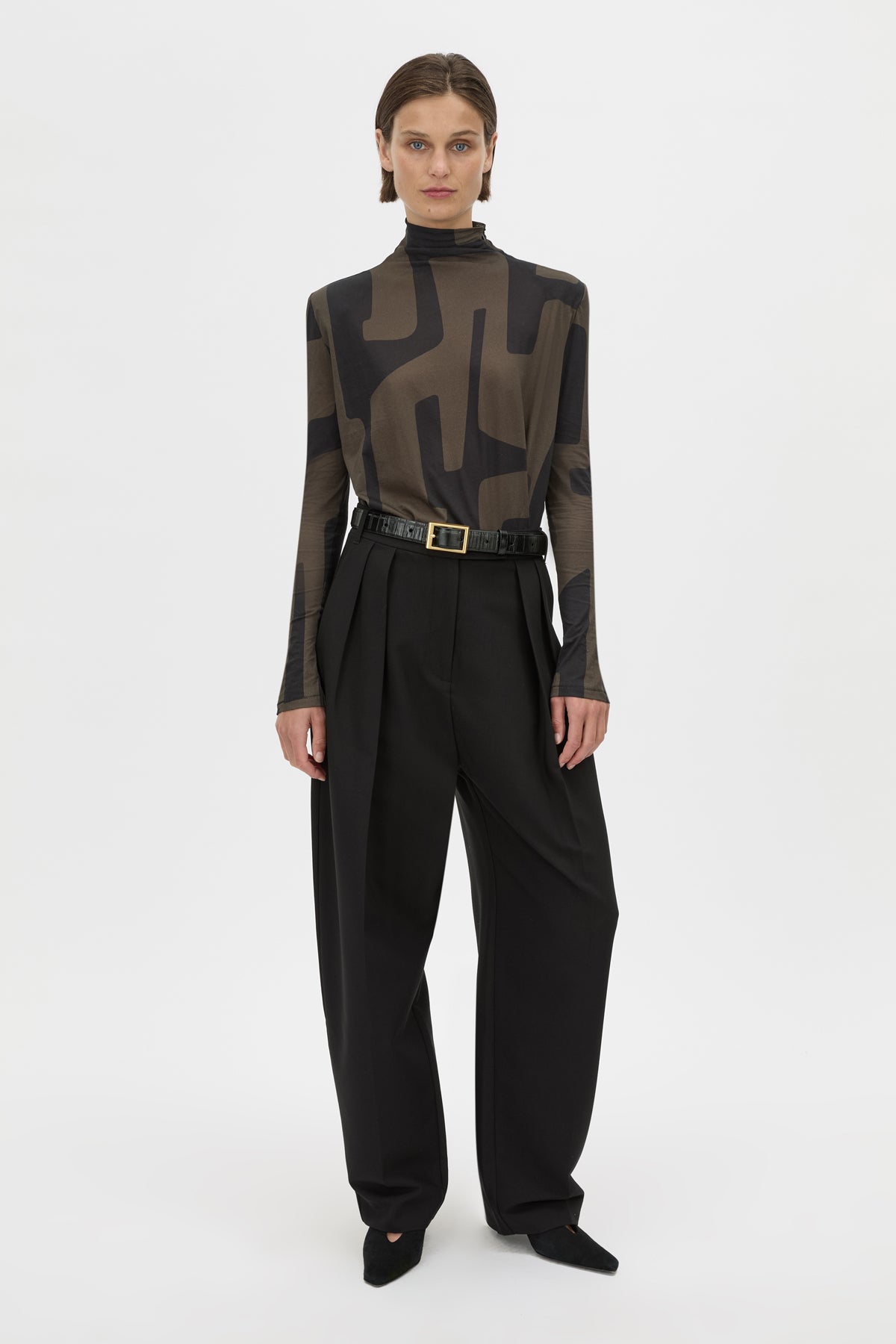 Front View - CAMILLA AND MARC Eidra Printed Long Sleeve Bodysuit in khaki green.