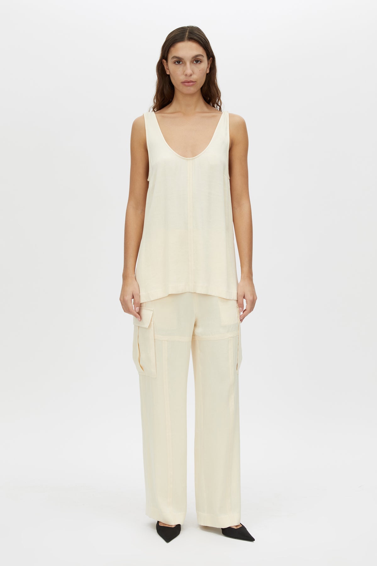 Allegro Satin Pant - CAMILLA AND MARC Allegro satin mid-rise cargo pant in cream with external seam details