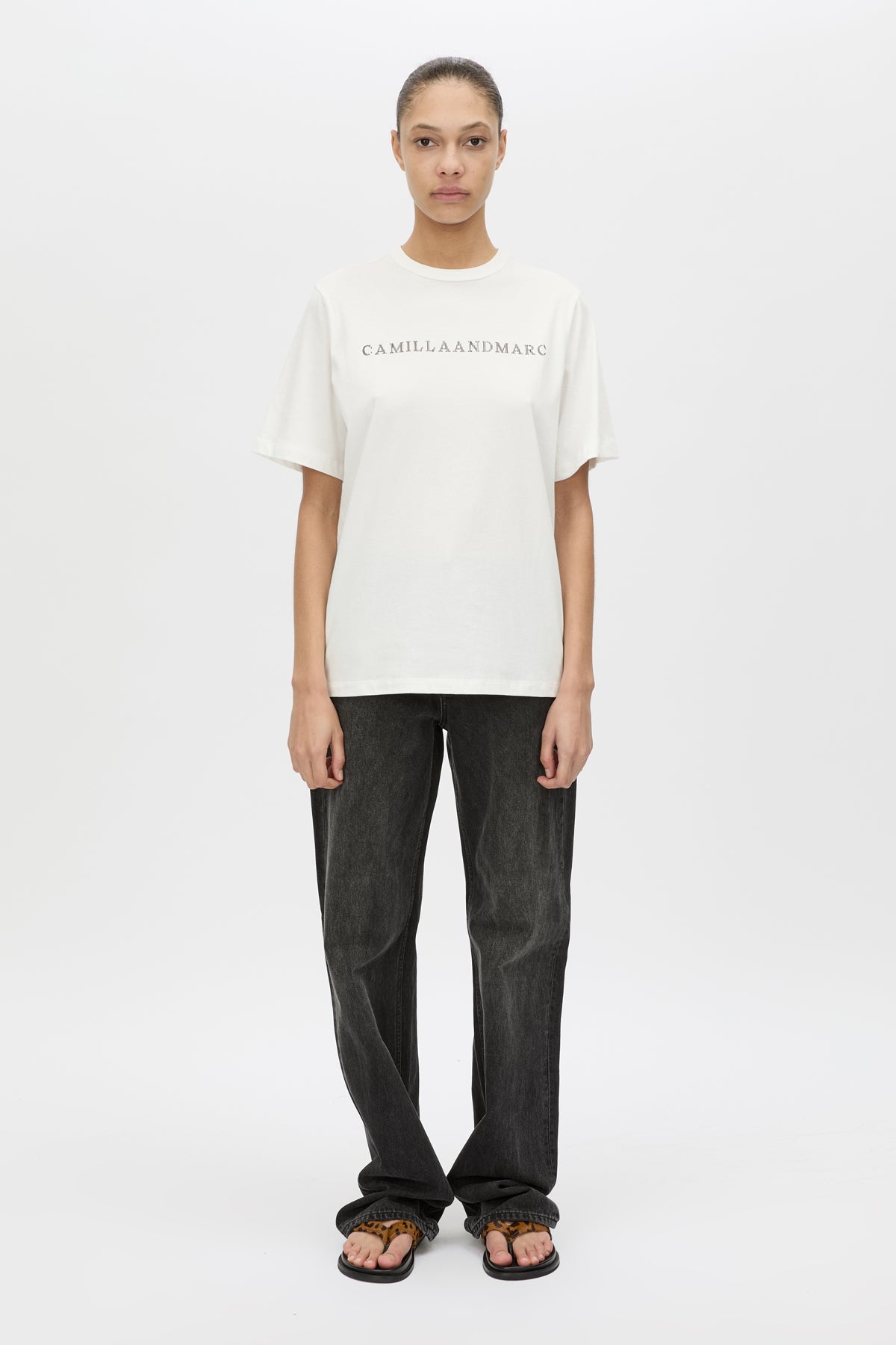 Front view CAMILLA AND MARC Athea short sleeve monogram tee in soft white with contrast logo print.