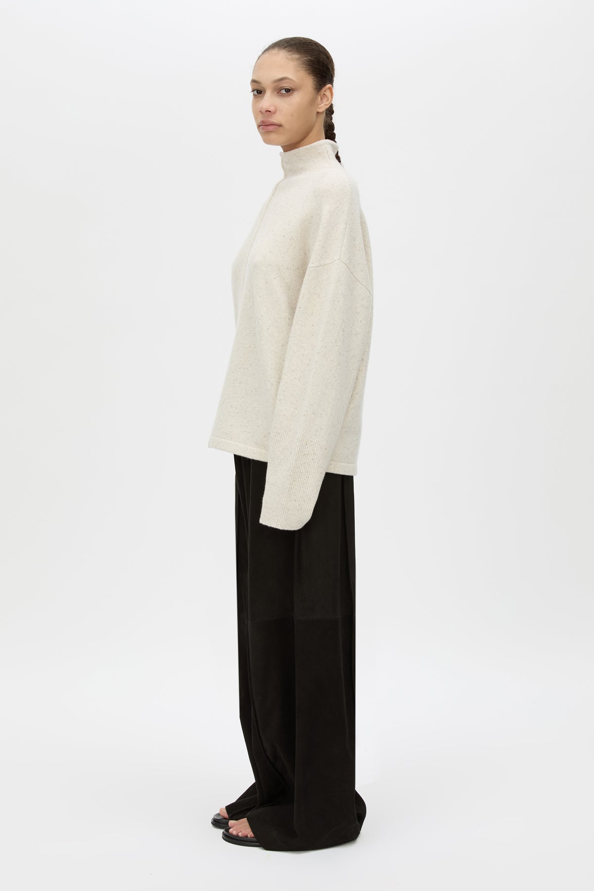 Side View CAMILLA AND MARC Atkinson Knit Sweater in ashen white with fitted turtleneck and oversized fit.