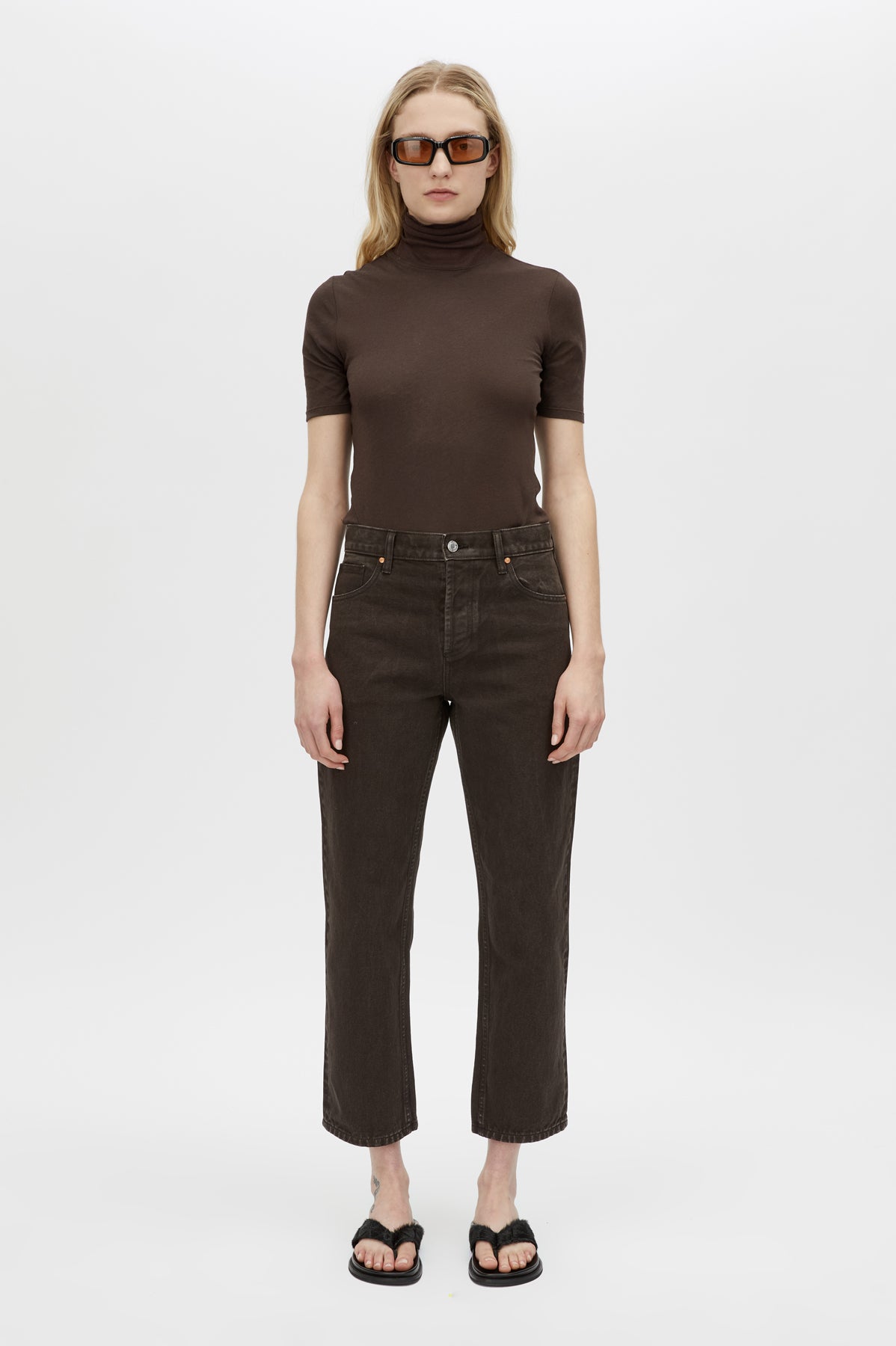 Dakota Elbow Sleeve Top - CAMILLA AND MARC Dakota slim fit espresso brown top with ribbed turtle neck
