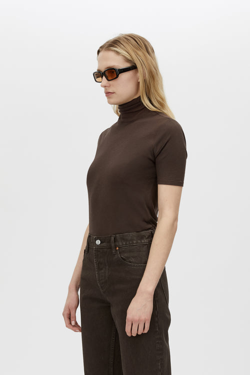 Close up view CAMILLA AND MARC Dakota Elbow Sleeve Top in espresso with turtleneck.