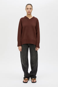 Front View CAMILLA AND MARC Donatello Knit Sweater in espresso brown with V neck and knit fabric.