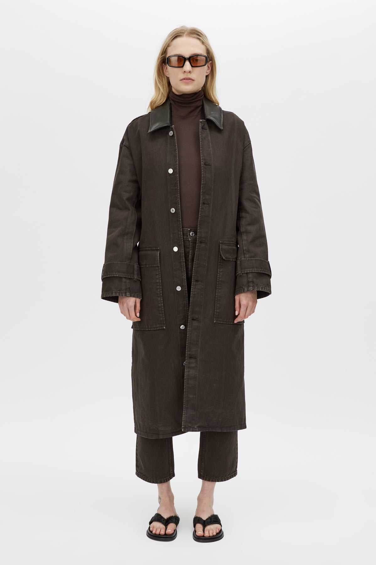 Enzo Denim Coat - CAMILLA AND MARC Enzo oversized brown denim coat with contrast leather collar
