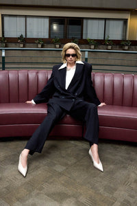 Styled view CAMILLA AND MARC Orban Oversized Blazer in Navy pinstripe on Susie Baton.