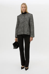 Front View CAMILLA AND MARC Xander Jacket in charcoal marle with oversized collarless crew neck.