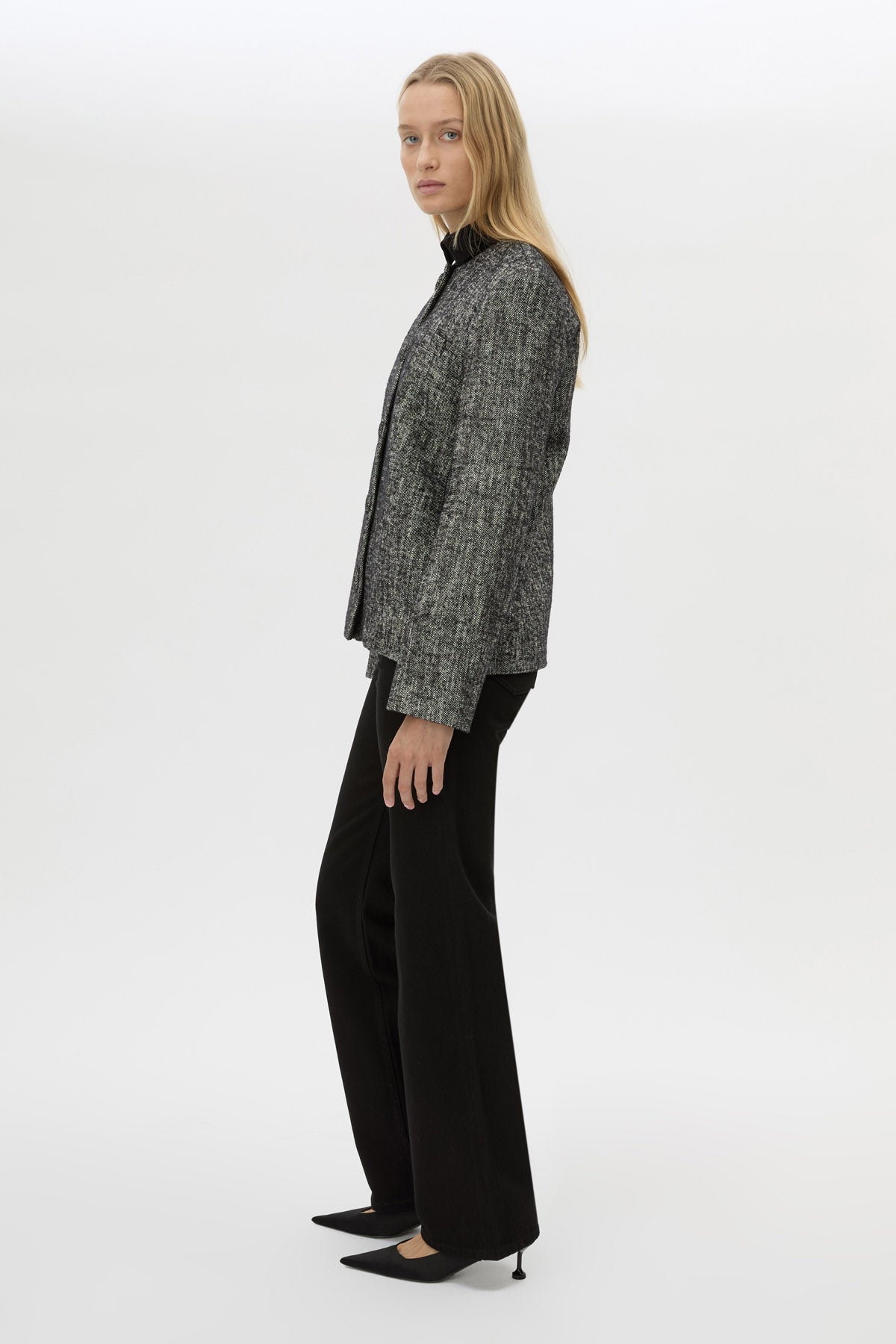 Side view CAMILLA AND MARC Xander Jacket in charcoal marle with oversized collarless crew neck.
