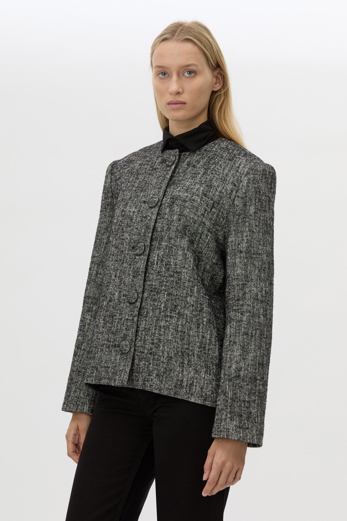 Cropped View CAMILLA AND MARC Xander Jacket in charcoal marle with oversized collarless crew neck.