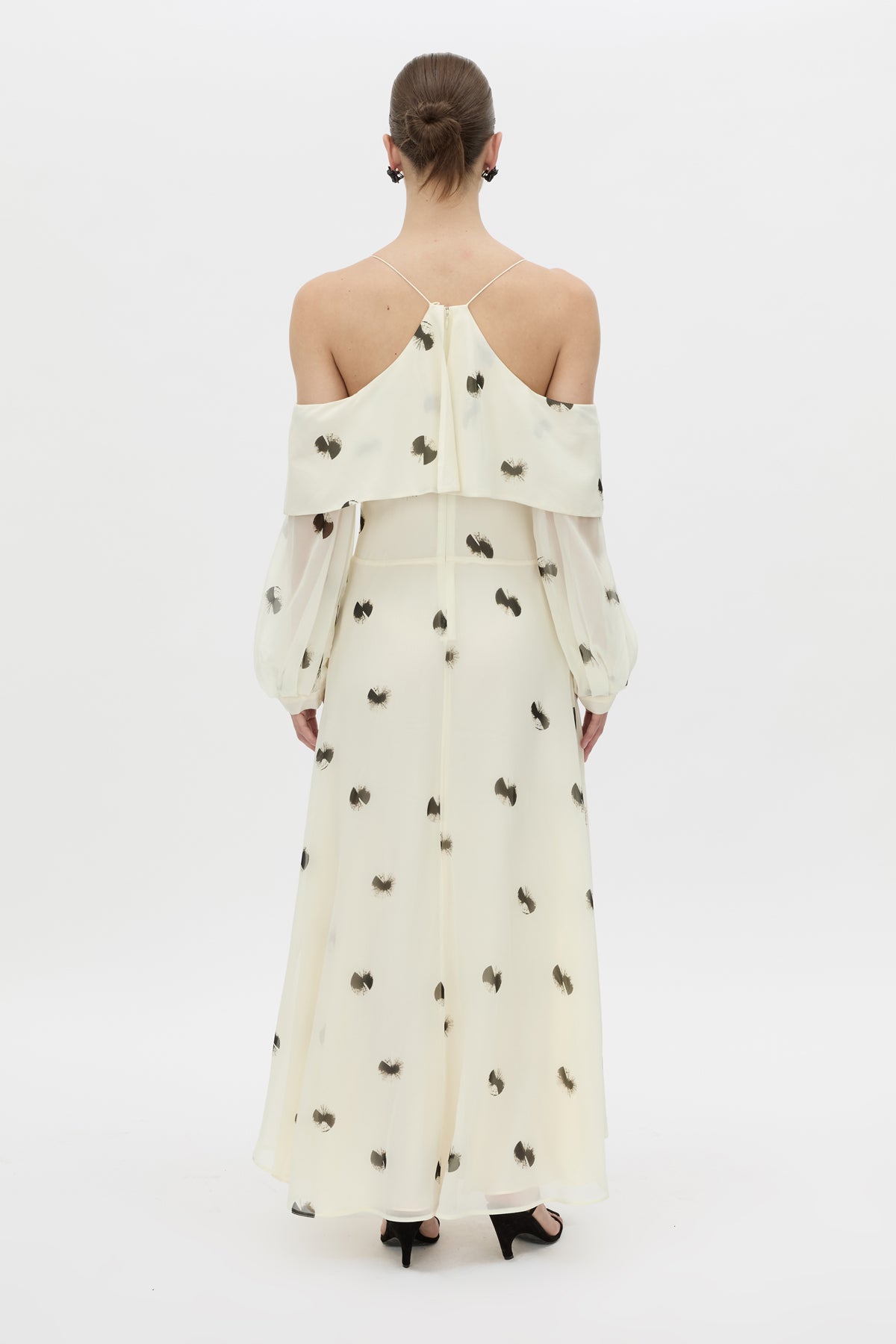 Back view CAMILLA AND MARC Adel Long Sleeve Maxi Dress with adjustable straps and exposed shoulder sleeves.