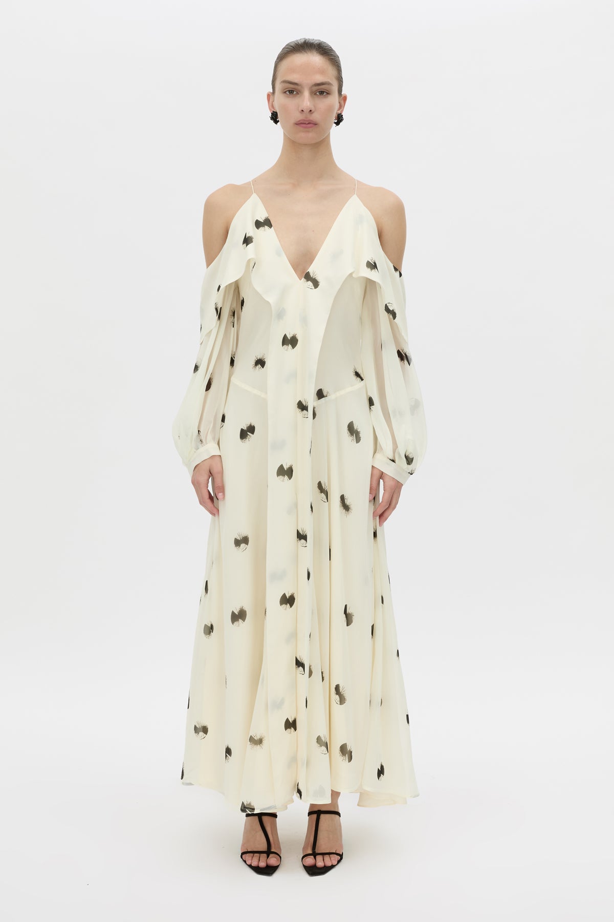 Front view CAMILLA AND MARC Adel Long Sleeve Maxi Dress with adjustable straps and exposed shoulder sleeves.