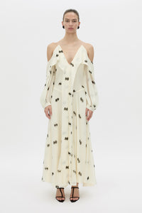 Front view CAMILLA AND MARC Adel Long Sleeve Maxi Dress with adjustable straps and exposed shoulder sleeves.