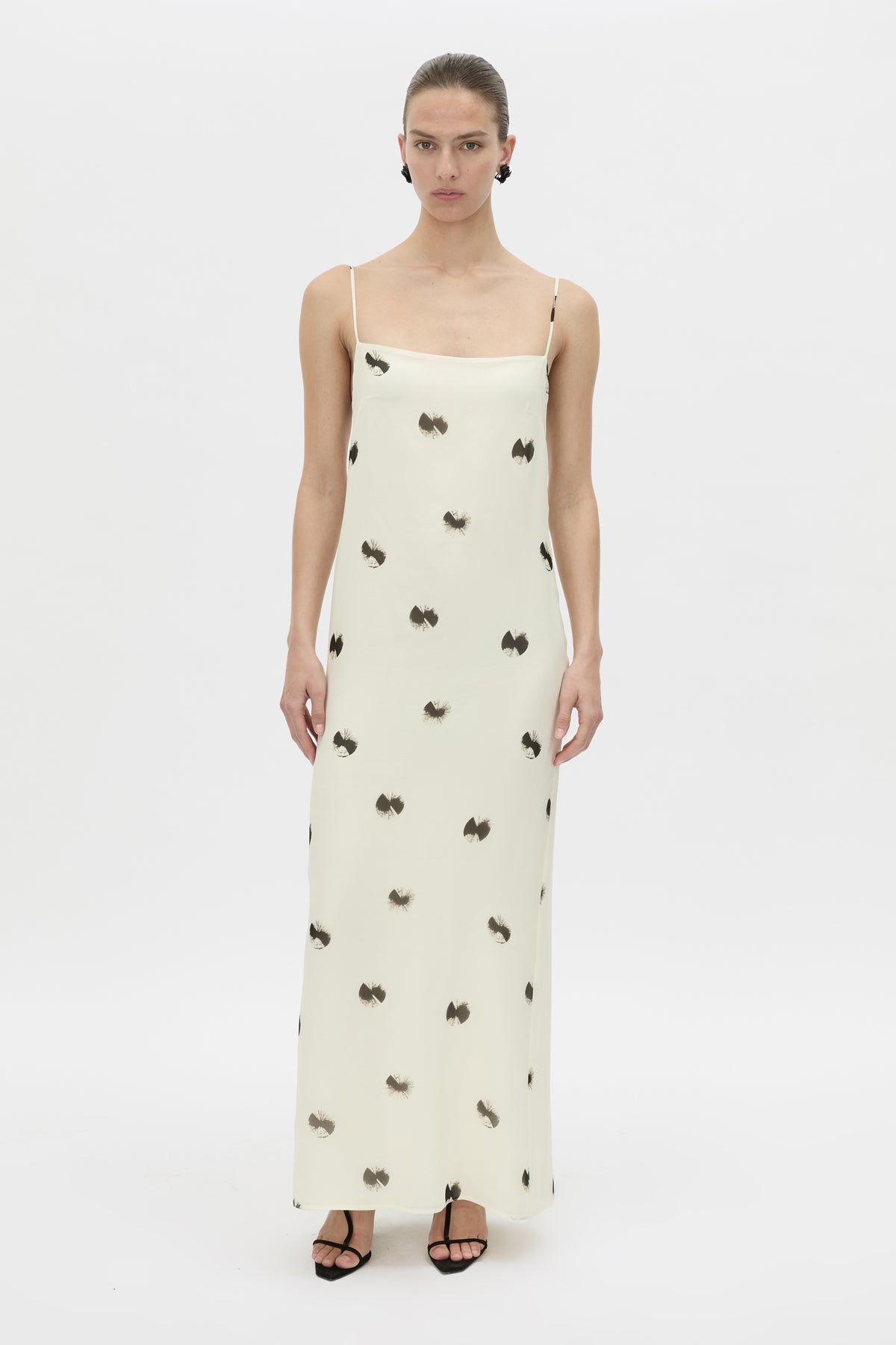 Front view CAMILLA AND MARC Adel Maxi Slip Dress with straight neckline and adjustable straps.