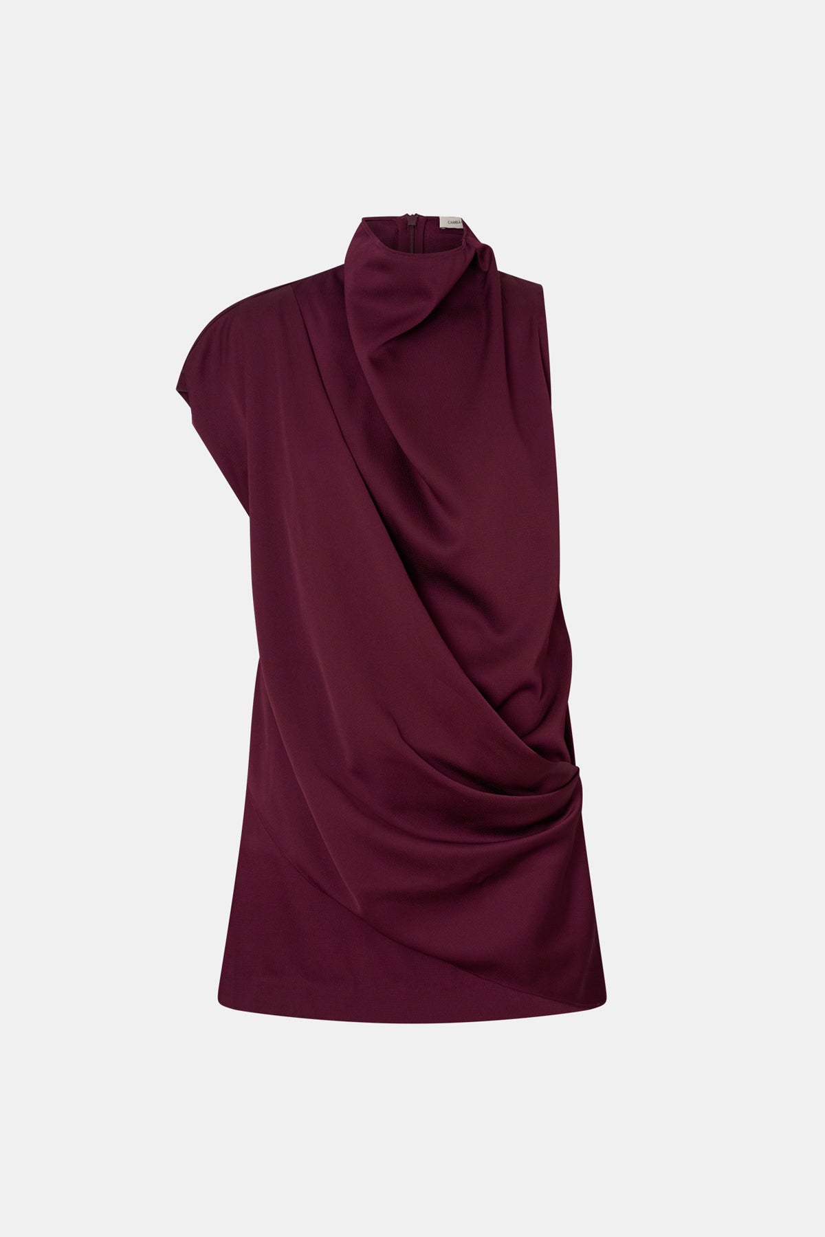 Ghost View - CAMILLA AND MARC Aeris Satin Mini Dress in burgundy with draped detail across shoulder to hip. 