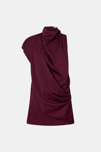 Ghost View - CAMILLA AND MARC Aeris Satin Mini Dress in burgundy with draped detail across shoulder to hip. 