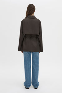 Back view CAMILLA AND MARC Aidra Short Trench Coat in hickory with twin-needle stitch detail.