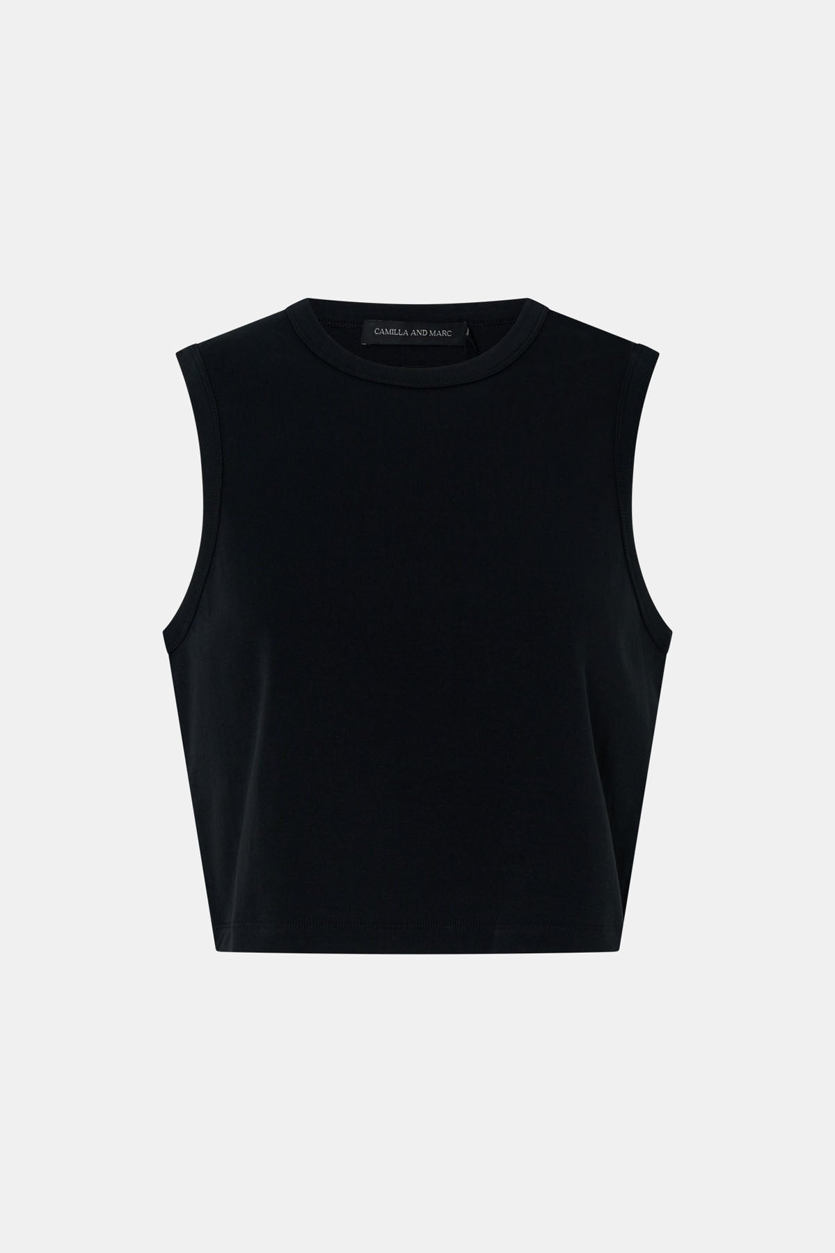 Ghost view CAMILLA AND MARC Alba Crop Rib Tank in black with bound low armholes and neckline.
