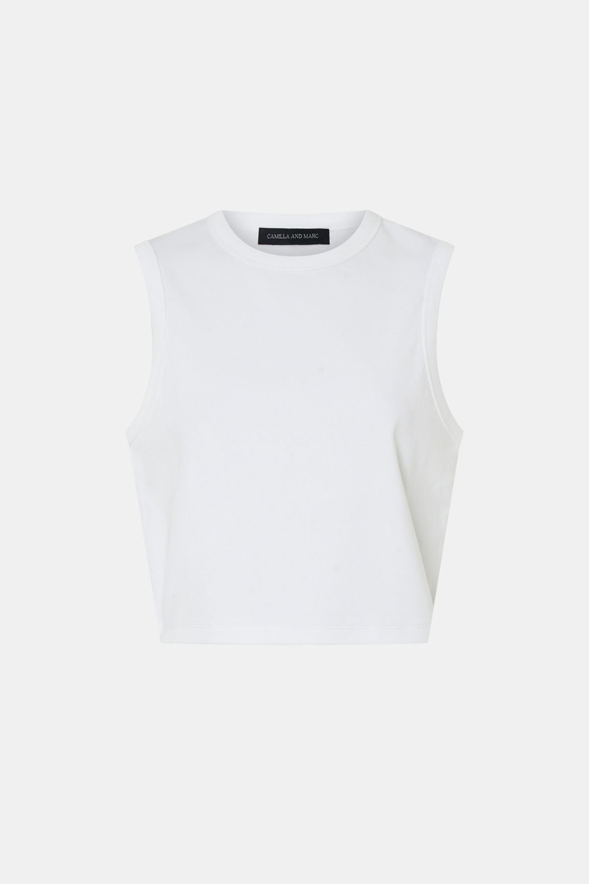 Ghost view CAMILLA AND MARC Alba Crop Rib Tank in soft white with bound low armholes and neckline.