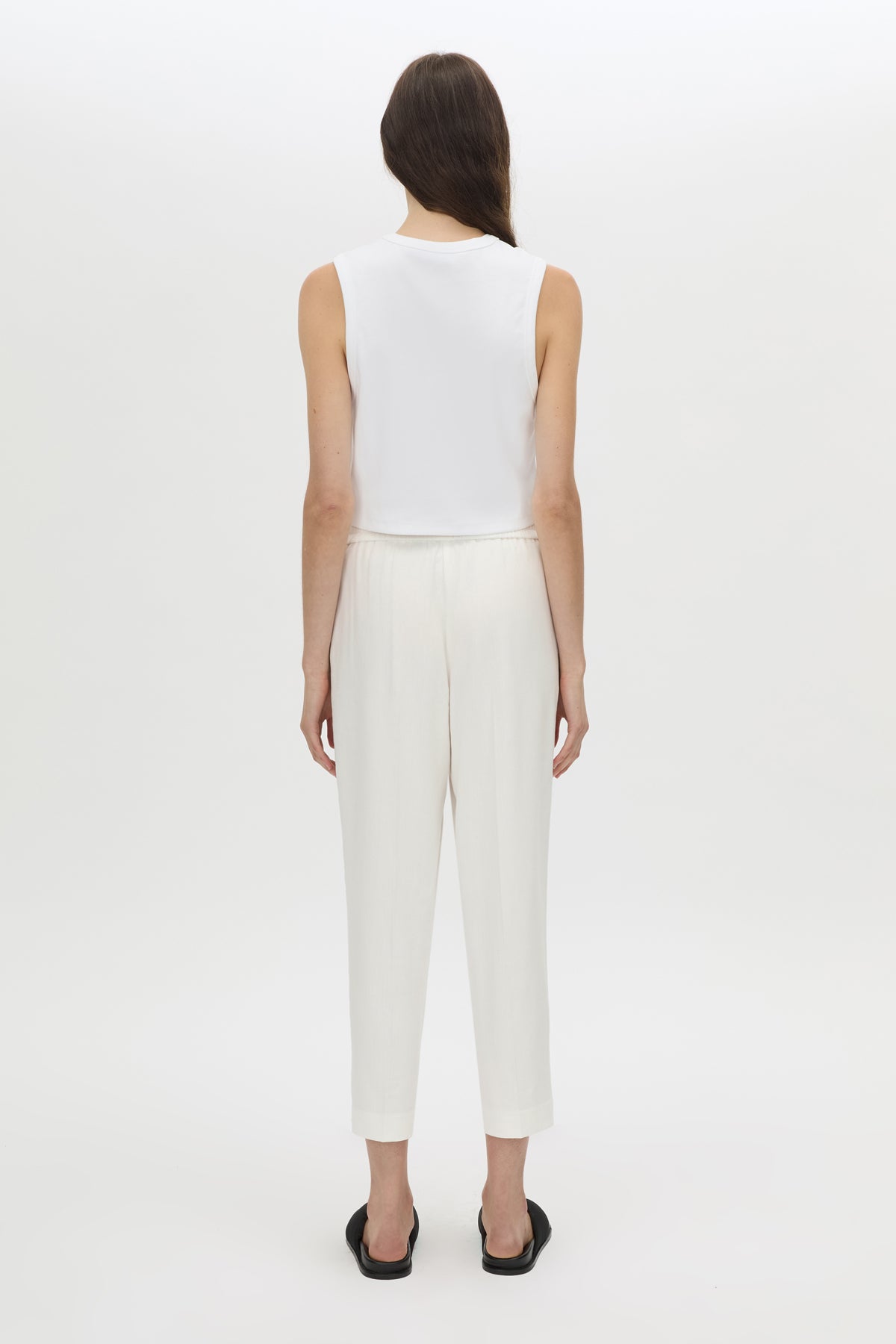 Back view CAMILLA AND MARC Alba Crop Rib Tank in soft white with bound low armholes and neckline.
